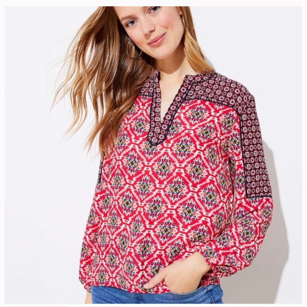 Loft Mixed Media Mosaic Split Neck Long Sleeve Top, Size Small